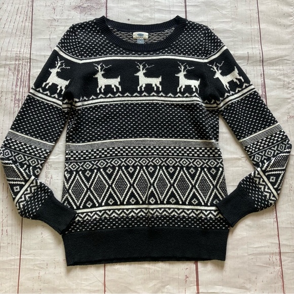Old Navy M Medium Blue Christmas Winter Knit Sweater Deer Argyle Aztec Flaws - Picture 1 of 11